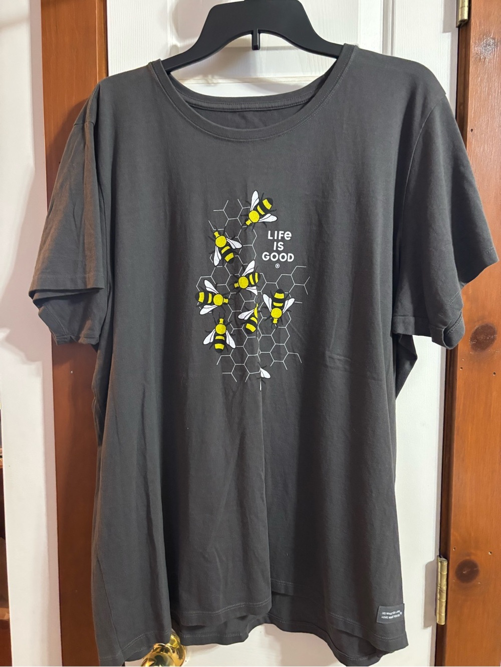 Life Is Good Charcoal Tee with Yellow Bee Honeycomb Graphic